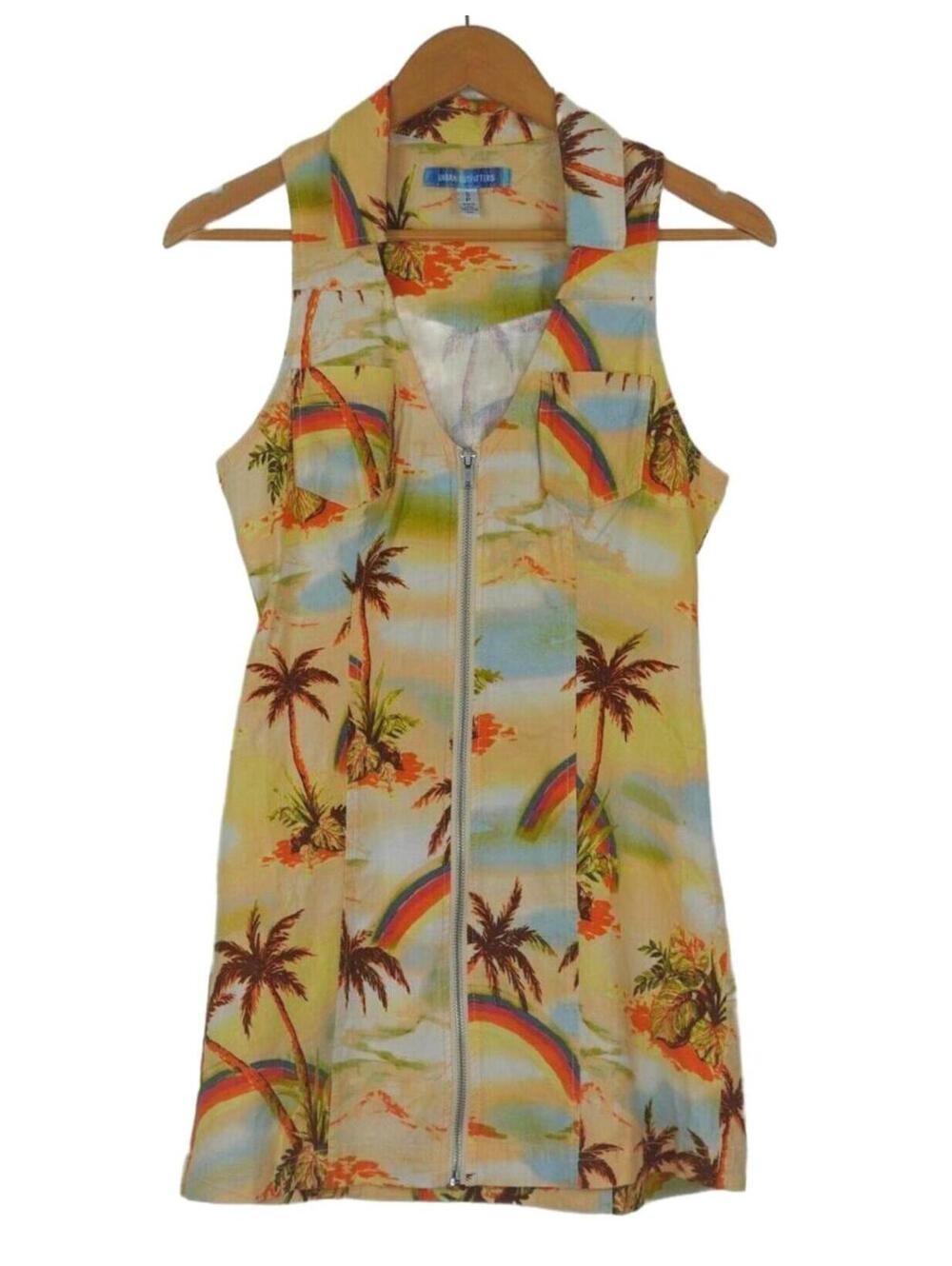 Urban Outfitters Tropical Hawaiian Linen Zip Front Mini Dress Palm Print S